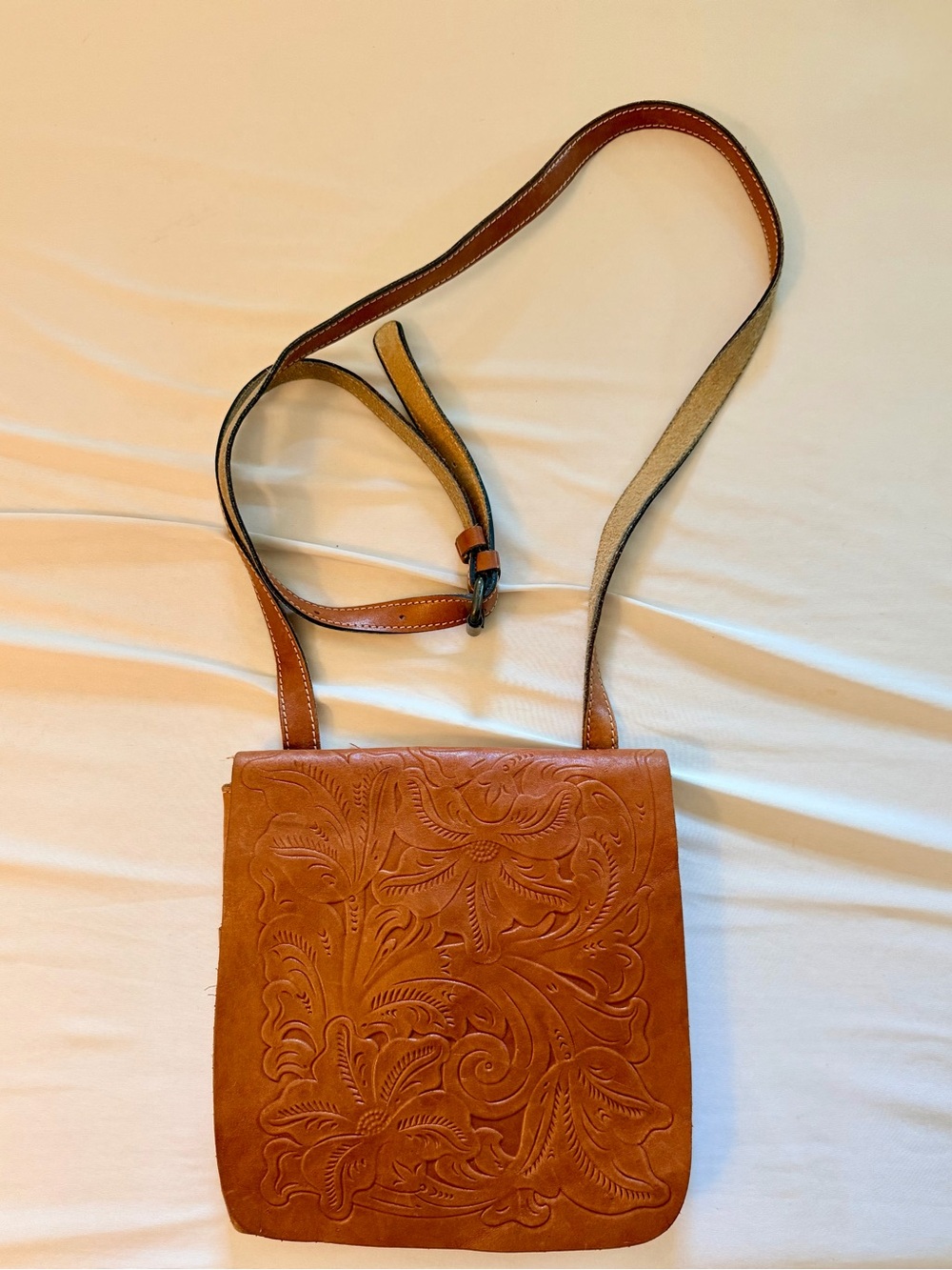 Brown Tooled Leather Crossbody Bag